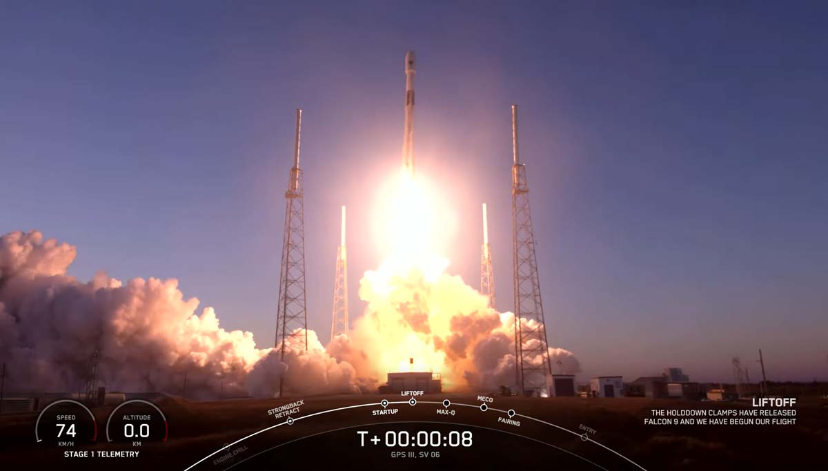 Момент старту ракети Falcon 9 Block 5 з супутником GPS III Space Vehicle 06 18 січня 2023 року