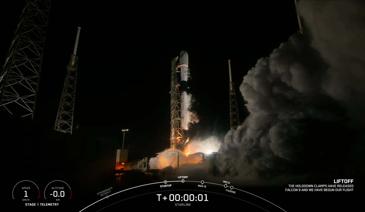 Момент старту ракети Falcon 9 Block 5 зі супутниками Starlink Group 5-4 12 лютого 2023 року.