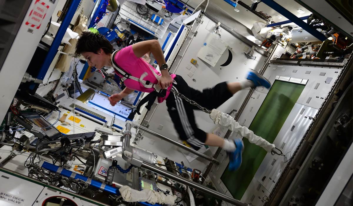 Саманта Кристофоретти бегает на беговой дорожке T2 на МКС