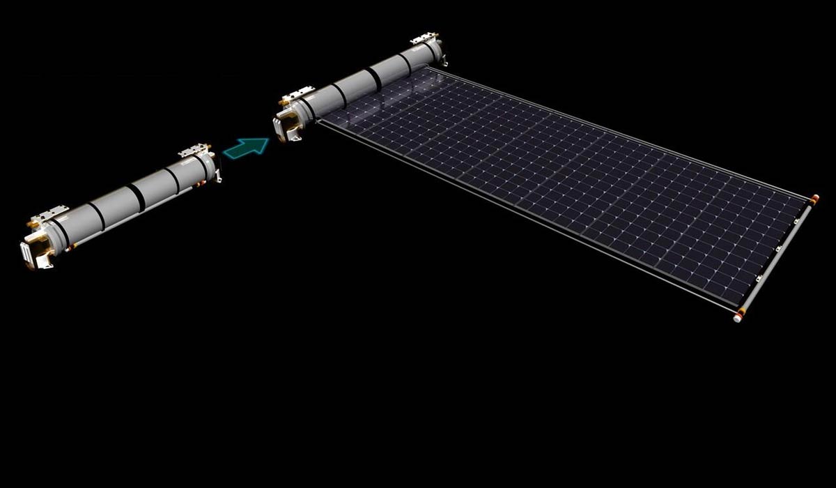 Схема розгортання космічної тандемної гнучкої сонячної батареї Flexell Space та Satoro