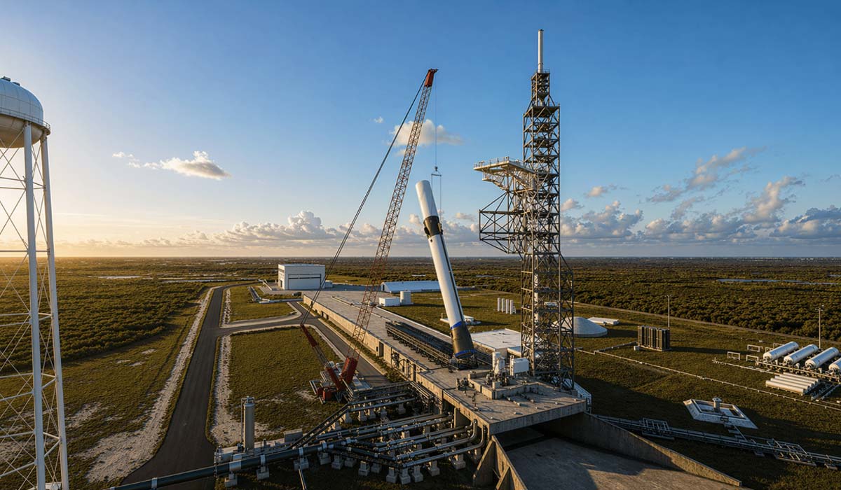 Ракета Blue Origin New Glenn буде вивезена на стартовий майданчик, а потім встановлена на місце за допомогою крана