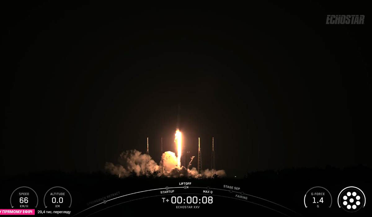 Ракета Falcon 9 Block 5 со спутником EchoStar XXV взлетает со стартовой площадки SLC-40 на мысе Канаверал во Флориде.
