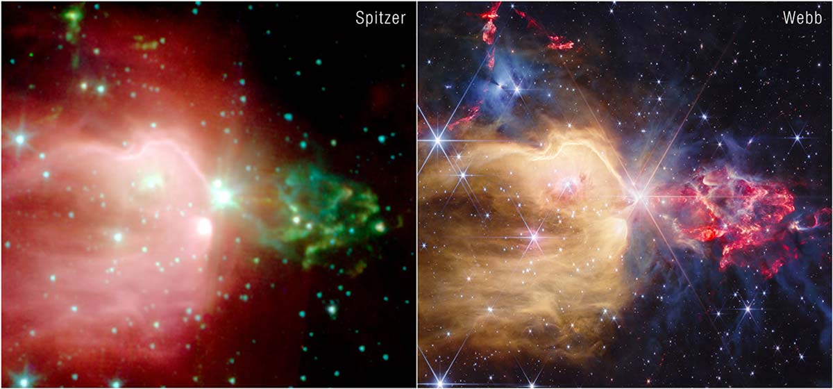 Порівняння спостережень космічних телескопів NASA Spitzer і Webb туманності NGC 7129