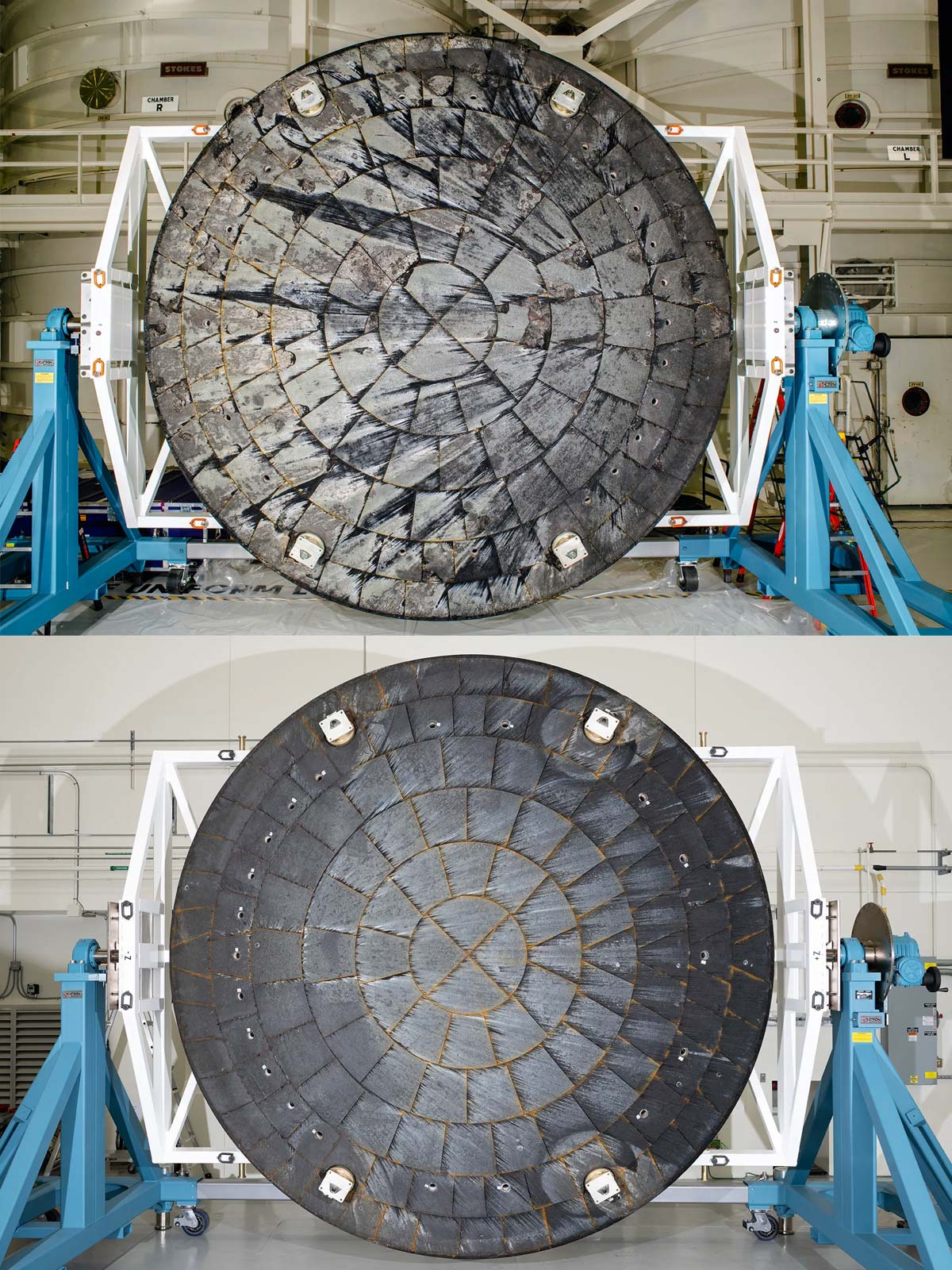 Порівняння теплозахисних екранів корабля Orion місій Artemis I (зверху) та Artemis II (знизу)